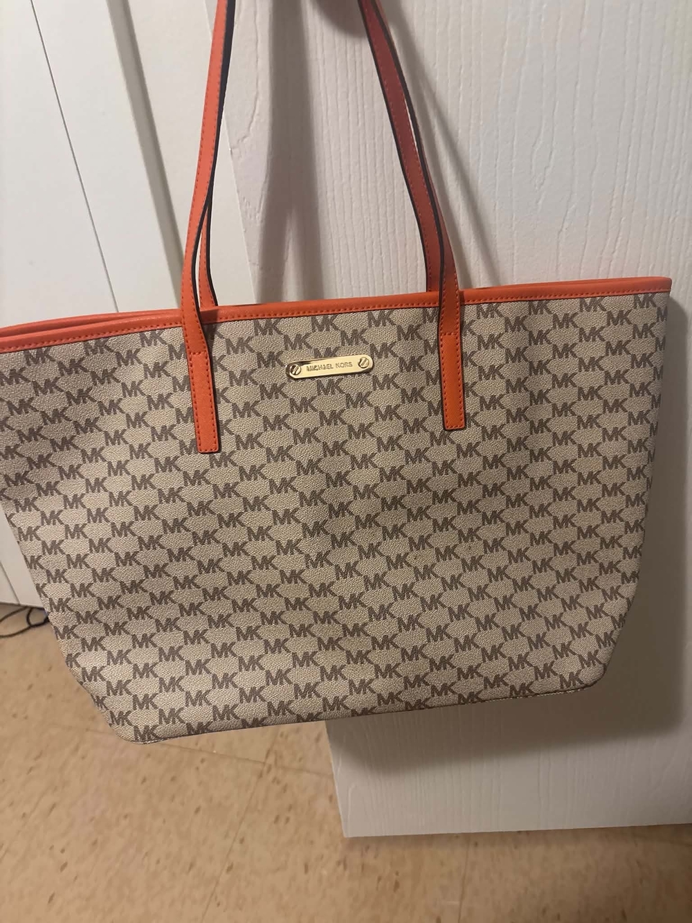 Michael Kors Beige MK Signature Tote with Orange Trim